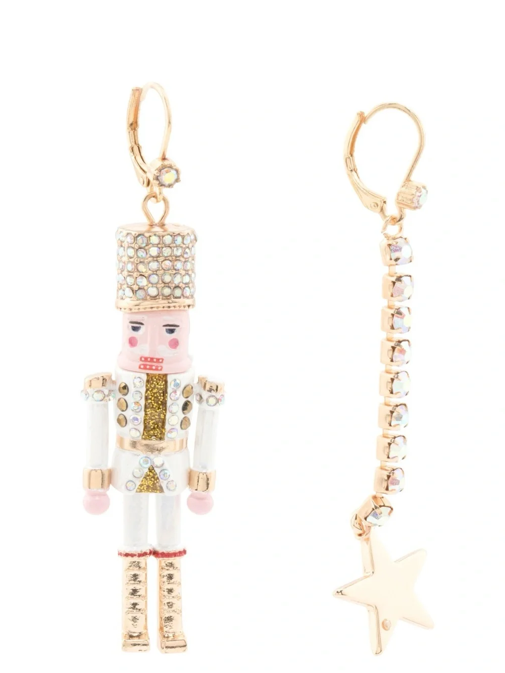 Betsey Johnson White Nutcracker Mismatched Dangle Christmas Earrings Bling Drop